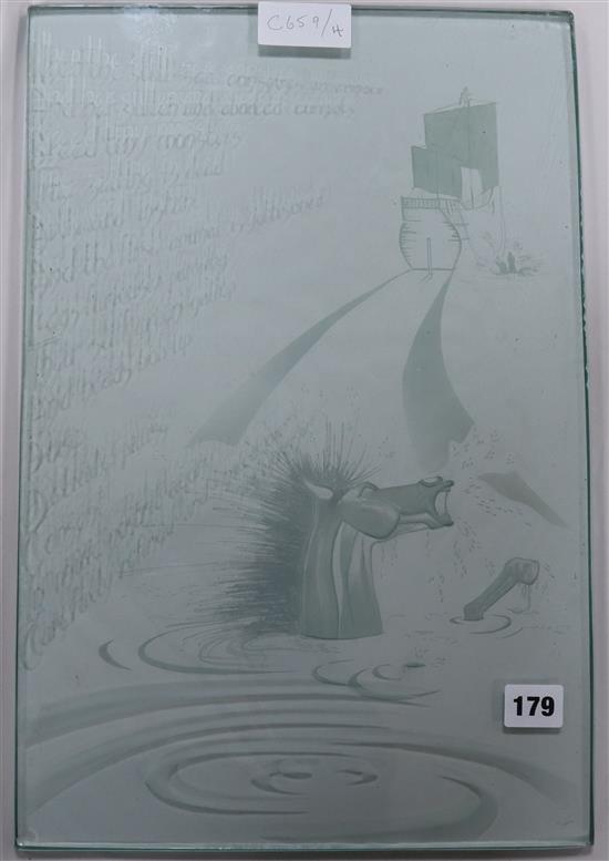 An etched glass panel, signed Veronica Taylor Horse Latitudes 45 x 30cm